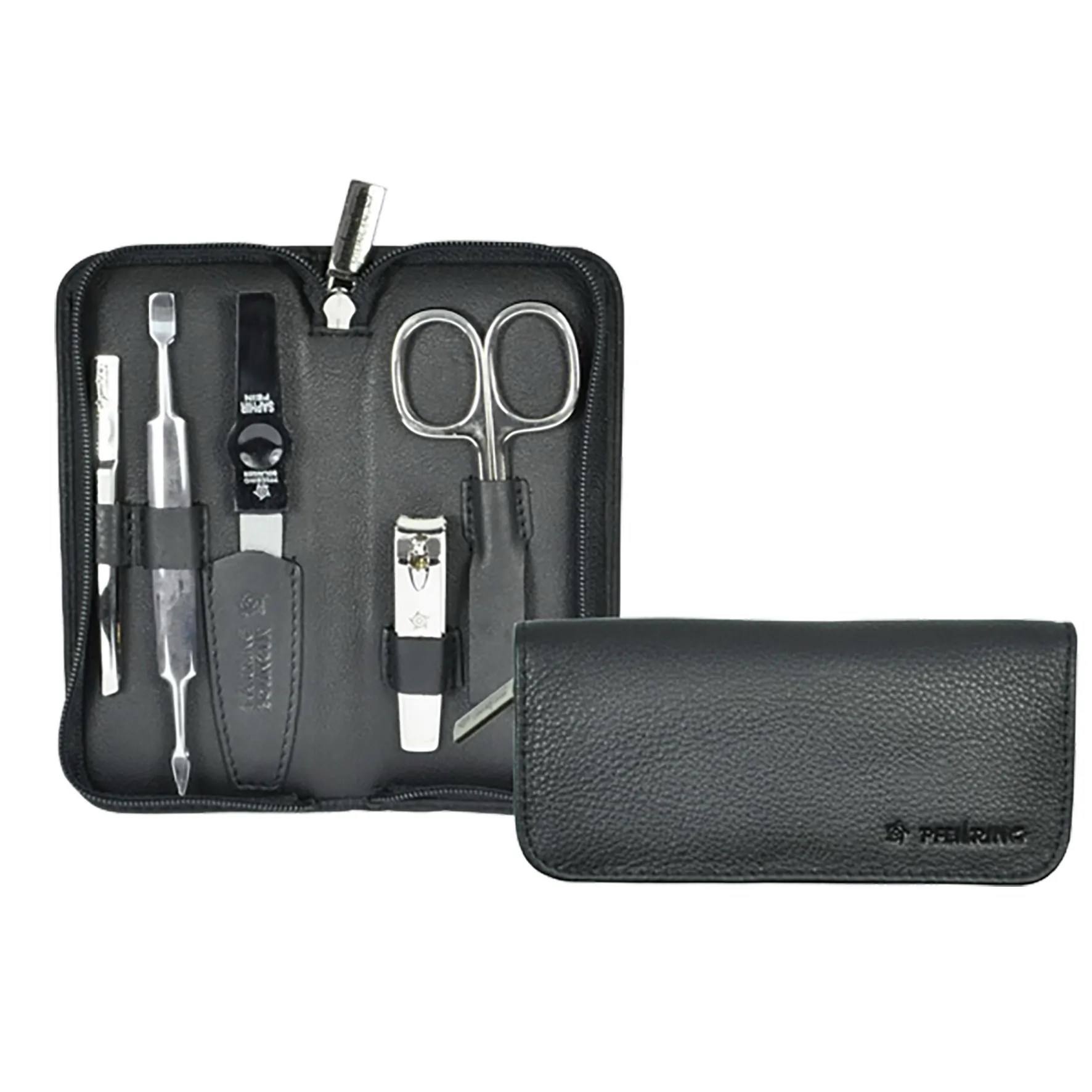 Pfeilring Manicure-Etui schwarz 5-teilig mit Knipser, Nappaleder, Nickel-Füllung