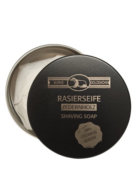 Goldachs Rasierseife, Zedernholz, in schwarzer Metalldose mit Laserdruck, 60gr.