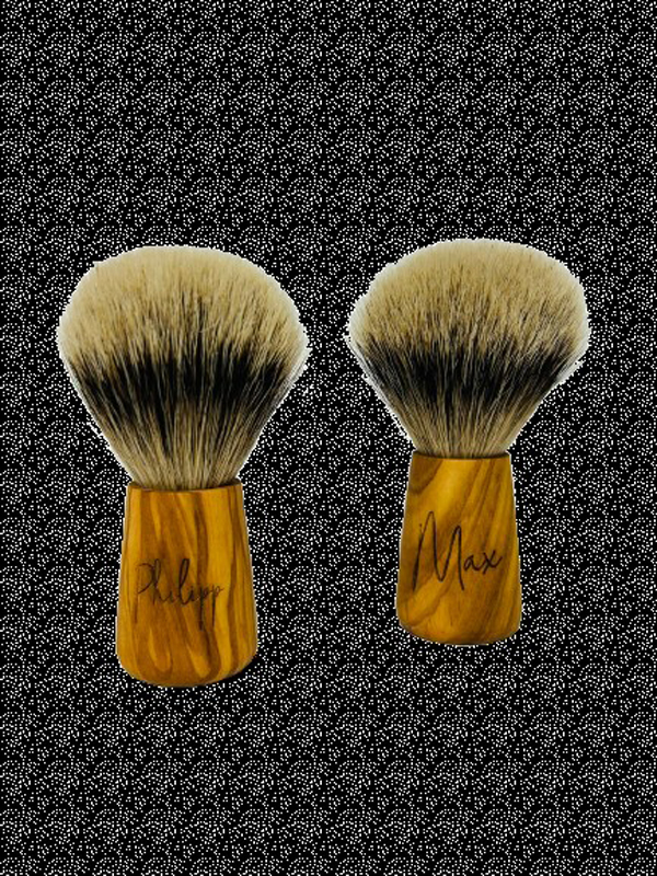 Goldachs personalisierter Rasierpinsel Olivenholz, Dachshaar + Gratis Seife 25 gr.