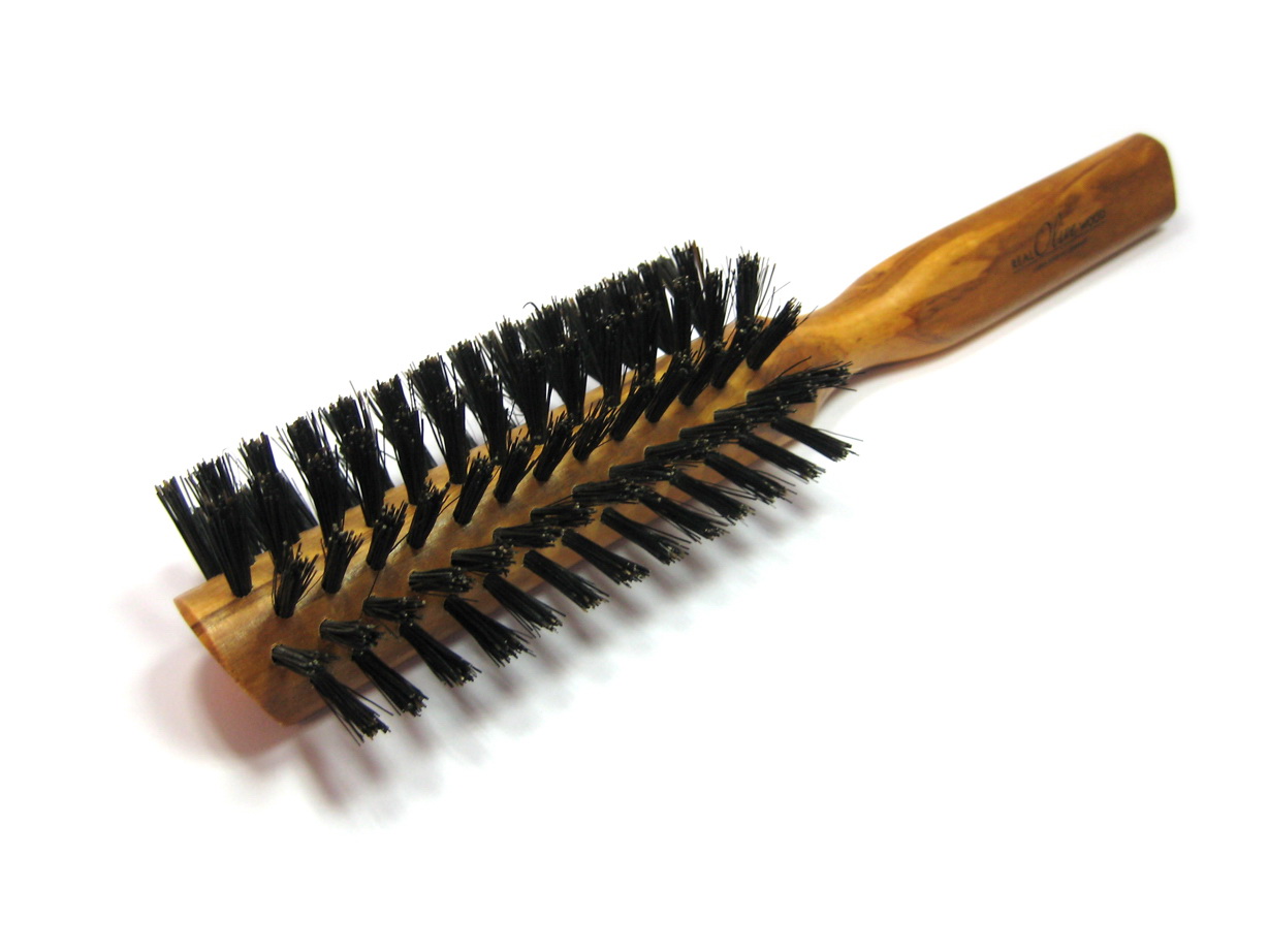 Fönbürste, halbr und  180°, reine Borste, Olivenholz, 20,5 cm, 7 Reihen