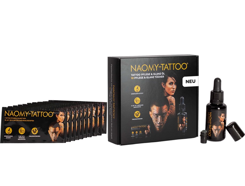 Naomy-Tattoo Öl & 10 Naomy-Tattoo Glanz- und Pflegetücher Naomy-Tattoo Öl & 10 Naomy-Tattoo Glanz- und Pflegetücher