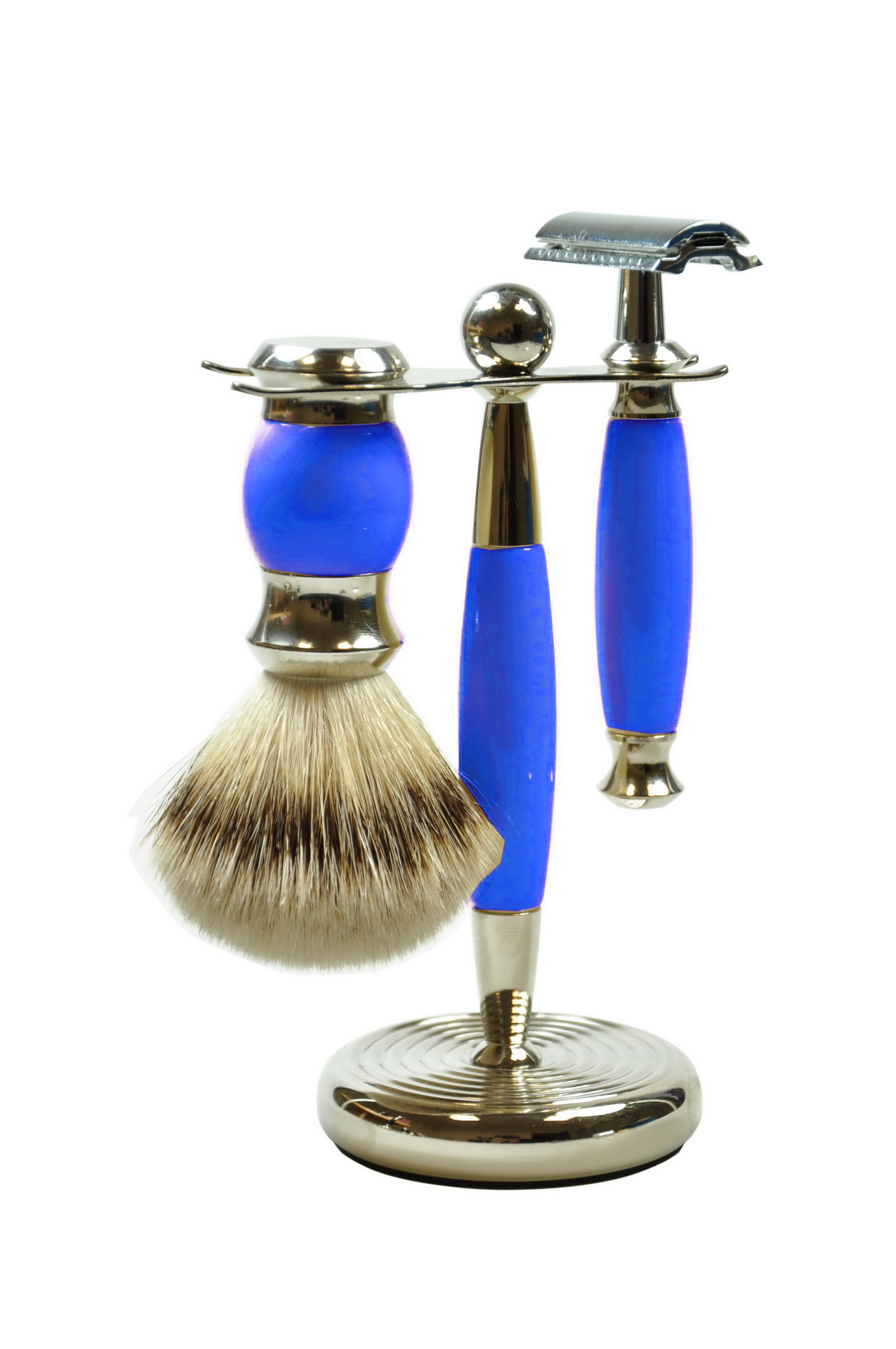 Rasierset, Silberspitzhaar, Polymer blau, chrom, Doppelklingenrasierer Rasierset, Silberspitzhaar, Polymer blau, chrom, Doppelklingenrasierer