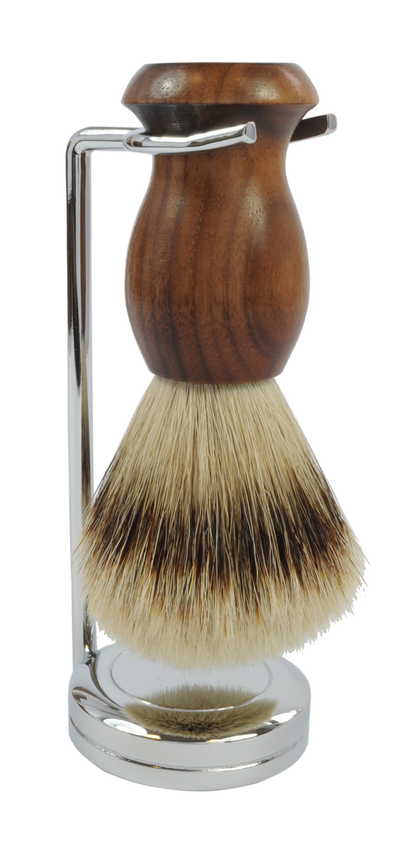 Pinsel und Halter, Silberspitzhaar, Nussholz, chrom Pinsel und Halter, Silberspitzhaar, Nussholz, chrom